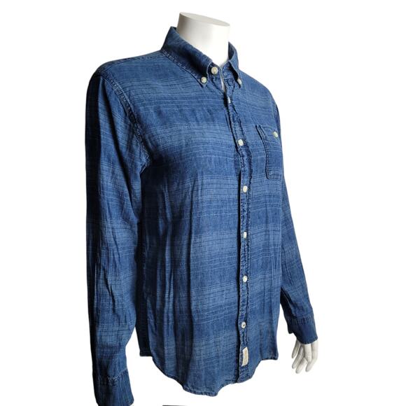 Hollister Women’s Small Blue Striped Linen Cotton Chambray Shirt Gorpcore Preppy - Picture 2 of 10